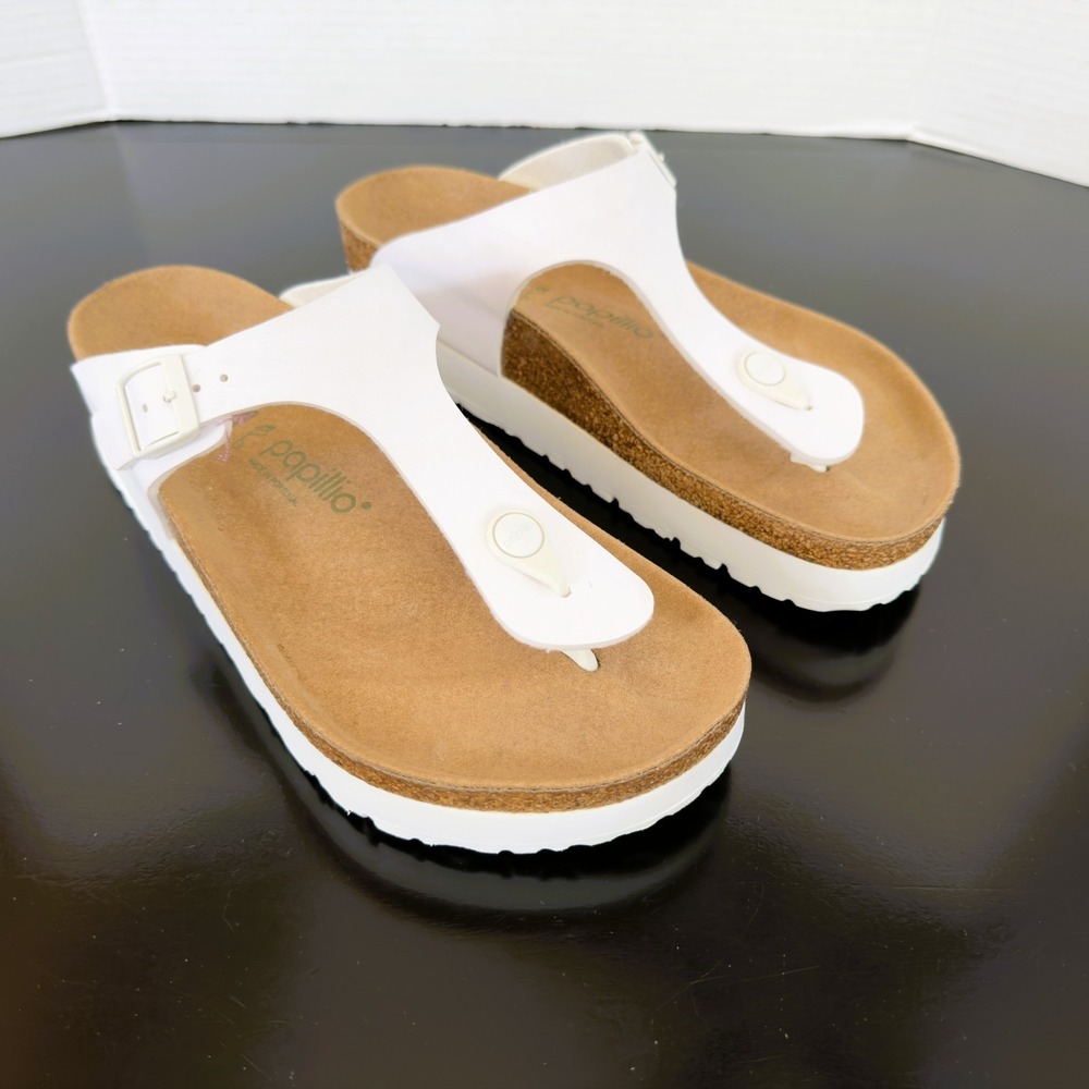 Papillio Birkenstock Gizeh Platform Sandals White Birken-Flor 40 L9 M7 Reg Vegan